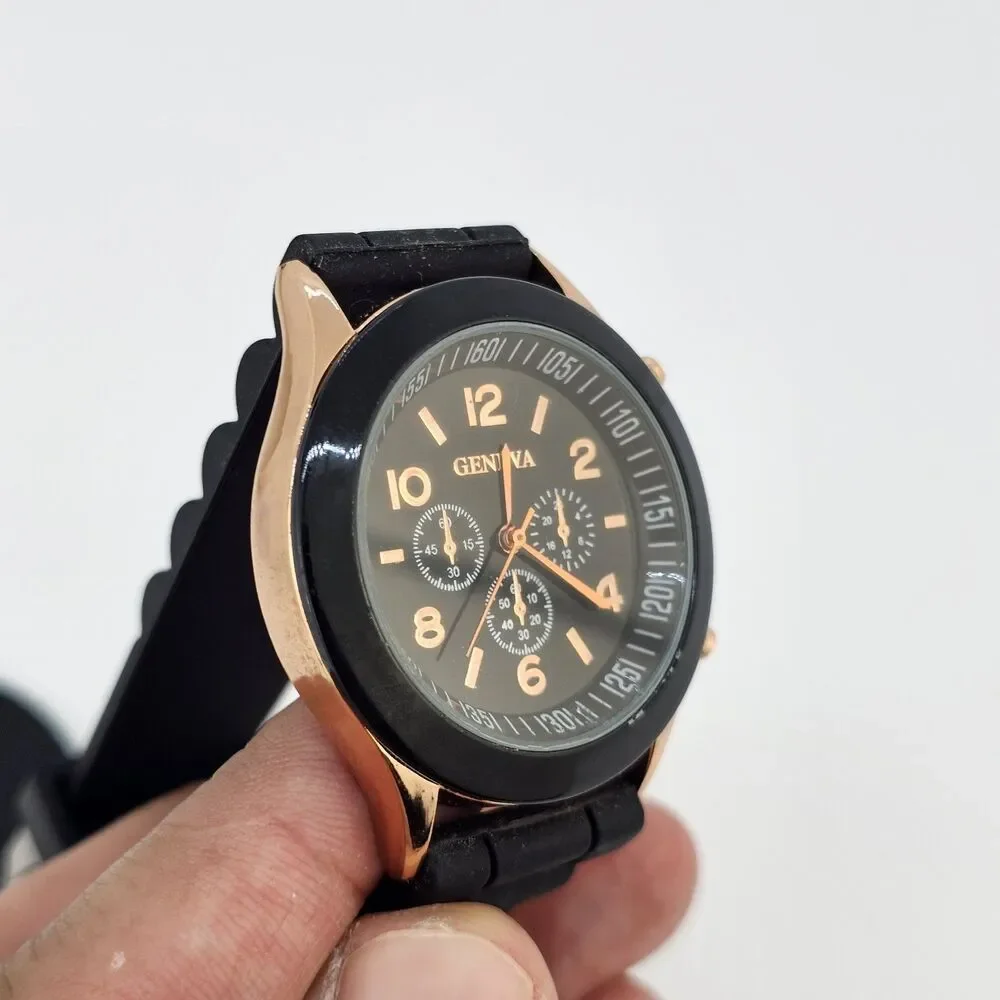 38MM Women's Watch Analog 38MM Black Dial Gold Case Black Plastic Bands New Batt